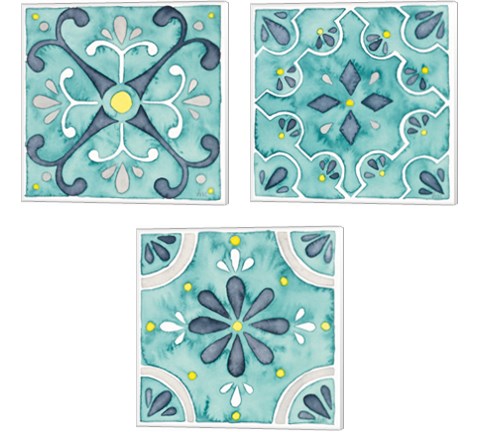 Garden Getaway Tile Teal 3 Piece Canvas Print Set by Laura Marshall