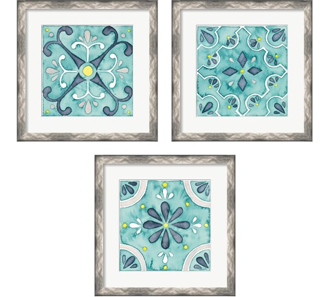 Garden Getaway Tile Teal 3 Piece Framed Art Print Set by Laura Marshall