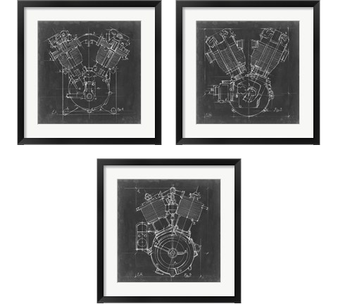 Motorcycle Engine Blueprint 3 Piece Framed Art Print Set by Ethan Harper
