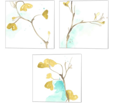 Teal and Ochre Ginko 3 Piece Canvas Print Set by June Erica Vess