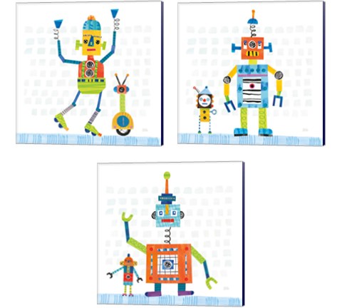 Robot Party on Square Toys 3 Piece Canvas Print Set by Melissa Averinos