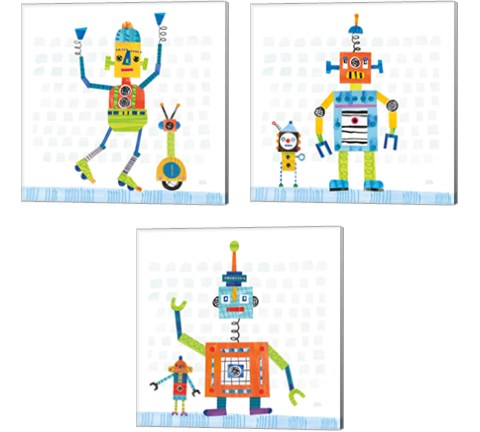Robot Party on Square Toys 3 Piece Canvas Print Set by Melissa Averinos