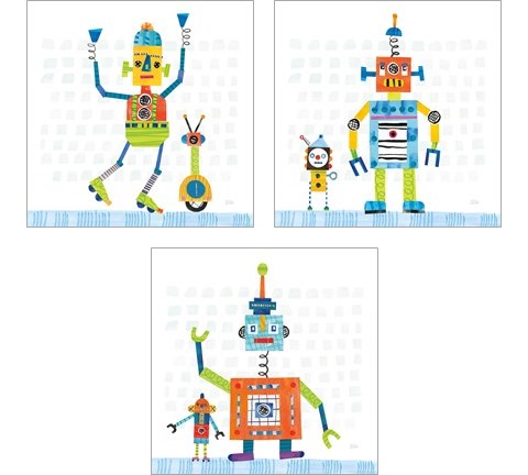 Robot Party on Square Toys 3 Piece Art Print Set by Melissa Averinos