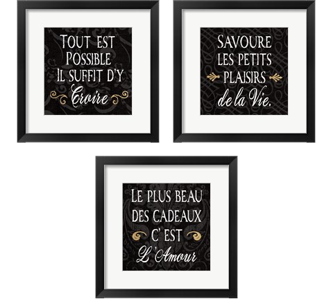 Inspirational Collage French on Black 3 Piece Framed Art Print Set by Daphne Brissonnet