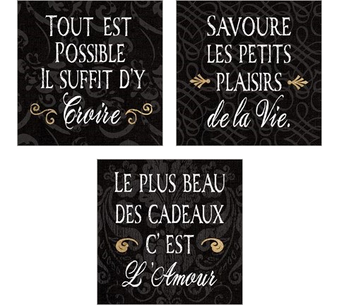 Inspirational Collage French on Black 3 Piece Art Print Set by Daphne Brissonnet