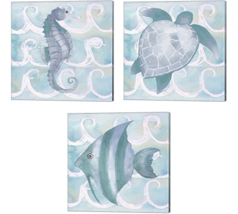Azure Sea Creatures  3 Piece Canvas Print Set by Elizabeth Medley