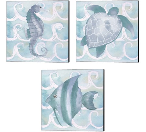 Azure Sea Creatures  3 Piece Canvas Print Set by Elizabeth Medley