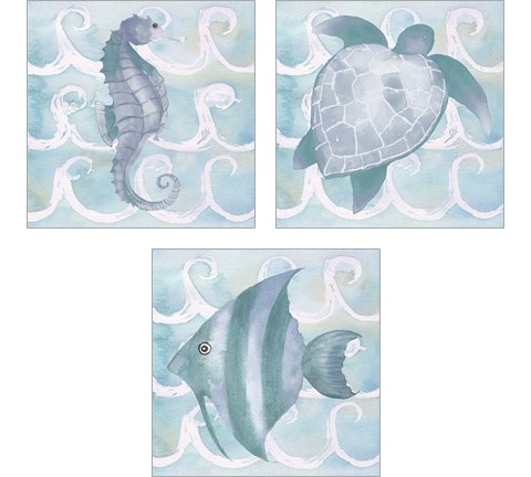 Azure Sea Creatures  3 Piece Art Print Set by Elizabeth Medley