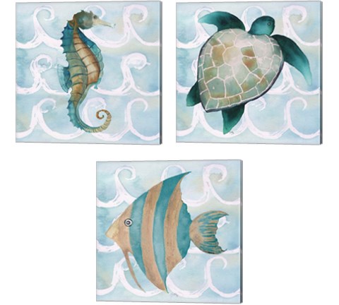 Sea Creatures on Waves  3 Piece Canvas Print Set by Elizabeth Medley