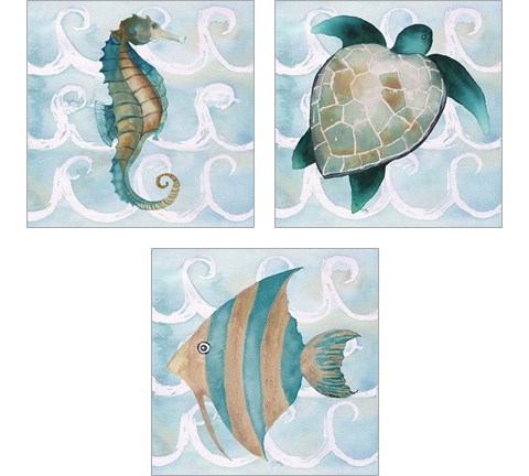Sea Creatures on Waves  3 Piece Art Print Set by Elizabeth Medley