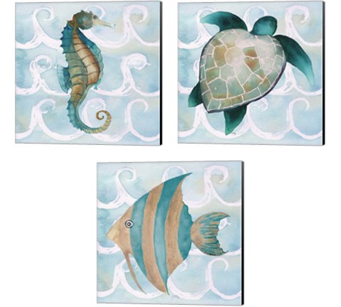 Sea Creatures on Waves  3 Piece Canvas Print Set by Elizabeth Medley
