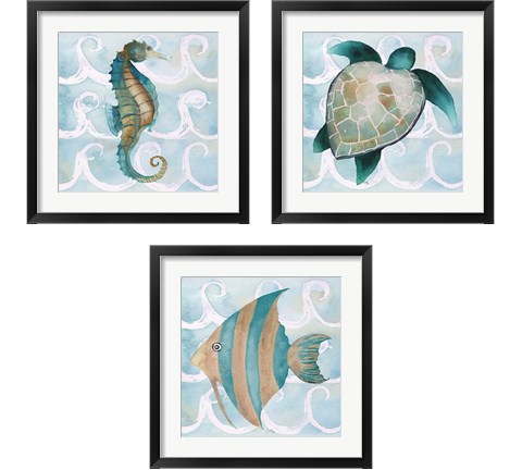 Sea Creatures on Waves  3 Piece Framed Art Print Set by Elizabeth Medley