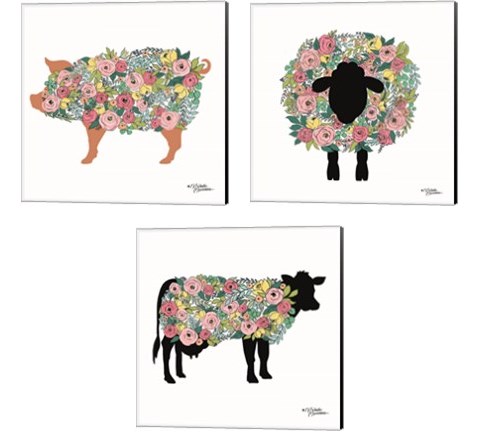 Floral Farm Animals 3 Piece Canvas Print Set by Michele Norman