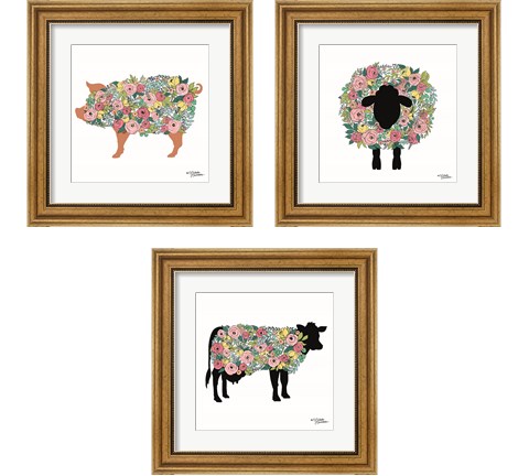 Floral Farm Animals 3 Piece Framed Art Print Set by Michele Norman