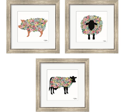 Floral Farm Animals 3 Piece Framed Art Print Set by Michele Norman