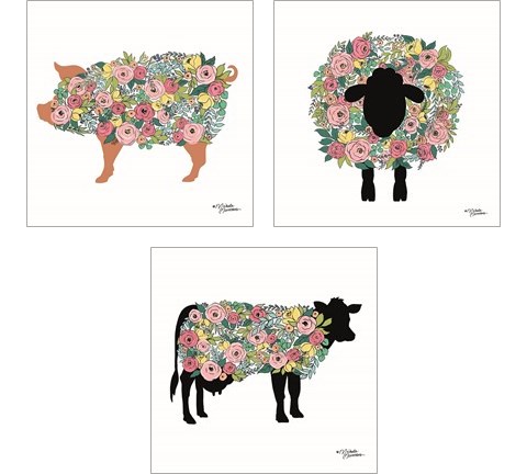 Floral Farm Animals 3 Piece Art Print Set by Michele Norman