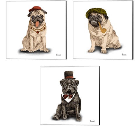 Pugs in Hats 3 Piece Canvas Print Set by Bannarot
