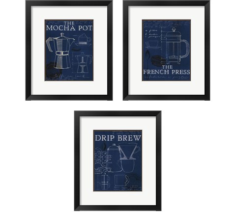 Coffee Blueprint Indigo 3 Piece Framed Art Print Set by Marco Fabiano