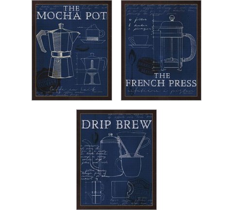 Coffee Blueprint Indigo 3 Piece Art Print Set by Marco Fabiano
