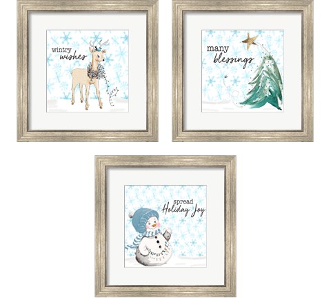 Blue Whimsical Christmas 3 Piece Framed Art Print Set by Patricia Pinto
