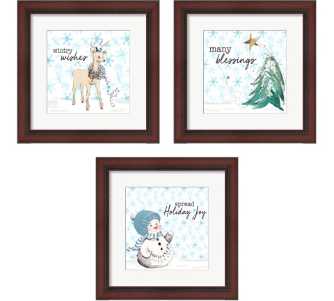 Blue Whimsical Christmas 3 Piece Framed Art Print Set by Patricia Pinto