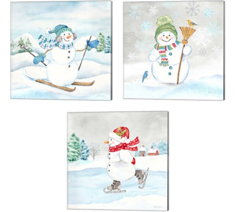 Let it Snow Blue Snowman 3 Piece Canvas Print Set by Cynthia Coulter