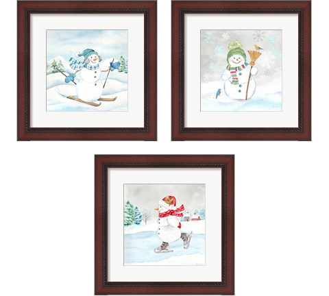 Let it Snow Blue Snowman 3 Piece Framed Art Print Set by Cynthia Coulter