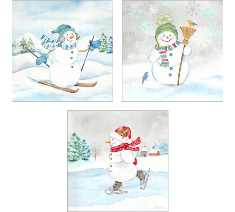 Let it Snow Blue Snowman 3 Piece Art Print Set by Cynthia Coulter