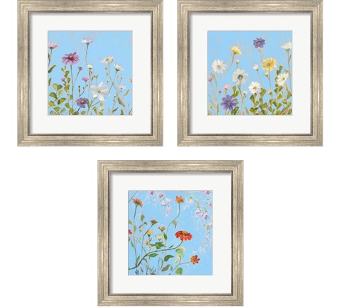 Wild Flowers on Cerulean 3 Piece Framed Art Print Set by Sandra Iafrate