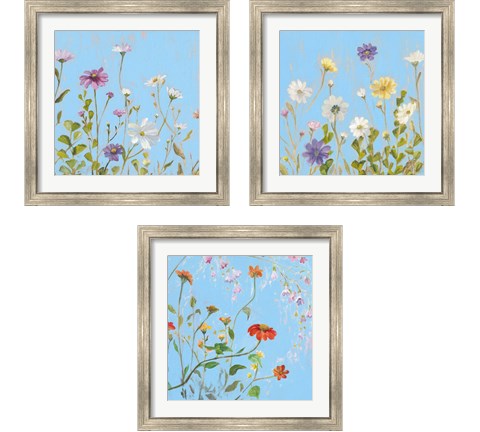 Wild Flowers on Cerulean 3 Piece Framed Art Print Set by Sandra Iafrate