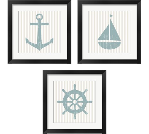 Blue Striped Nautical 3 Piece Framed Art Print Set by Sabine Berg