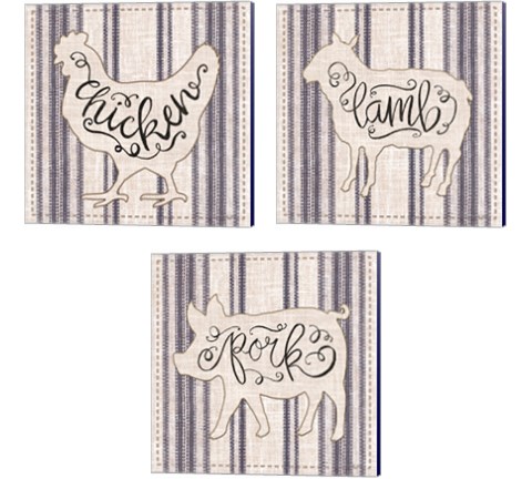 Striped Country Kitchen Animals 3 Piece Canvas Print Set by Cindy Jacobs