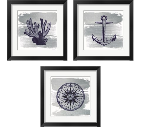 Nautical Brushed Midnight Blue 3 Piece Framed Art Print Set by Bluebird Barn