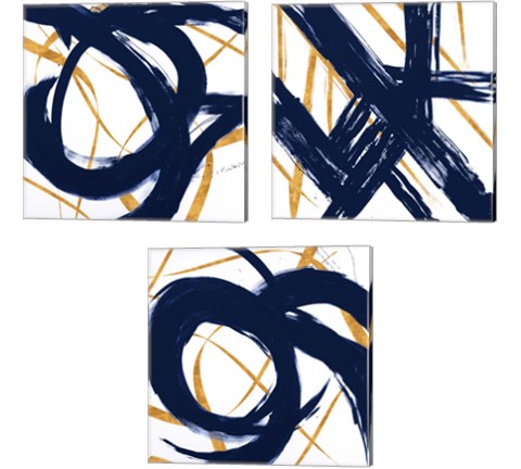 Navy with Gold Strokes 3 Piece Canvas Print Set by Megan Morris