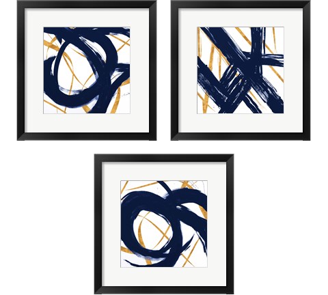 Navy with Gold Strokes 3 Piece Framed Art Print Set by Megan Morris