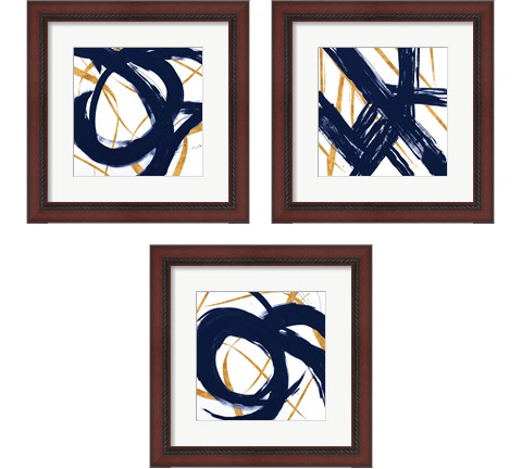 Navy with Gold Strokes 3 Piece Framed Art Print Set by Megan Morris