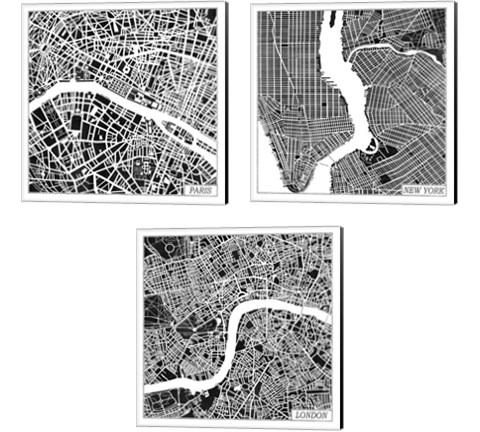 City Maps Black 3 Piece Canvas Print Set by Laura Marshall