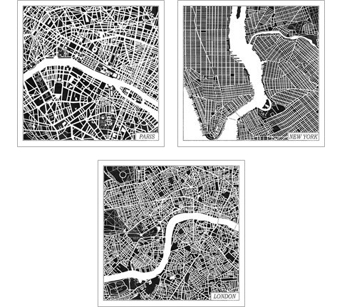 City Maps Black 3 Piece Art Print Set by Laura Marshall