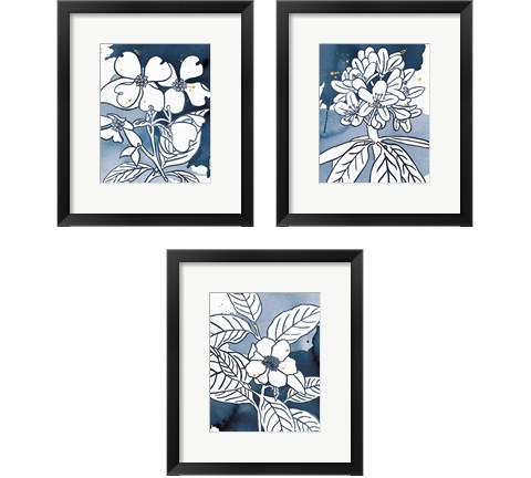 Indigo Blooms 3 Piece Framed Art Print Set by Wild Apple Portfolio