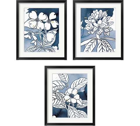 Indigo Blooms 3 Piece Framed Art Print Set by Wild Apple Portfolio