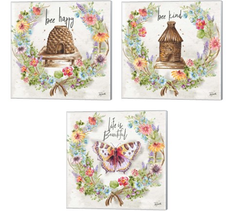 Butterfly and Herb Blossom Wreath 3 Piece Canvas Print Set by Tre Sorelle Studios
