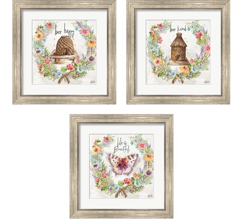 Butterfly and Herb Blossom Wreath 3 Piece Framed Art Print Set by Tre Sorelle Studios