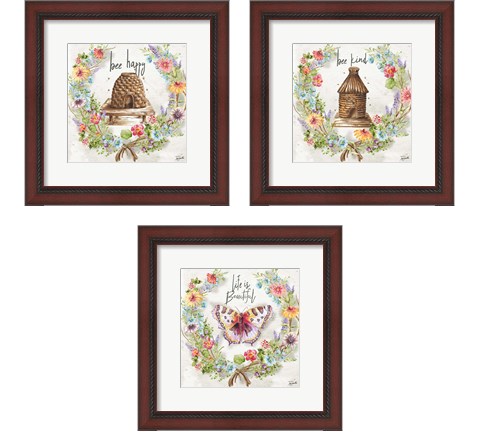 Butterfly and Herb Blossom Wreath 3 Piece Framed Art Print Set by Tre Sorelle Studios