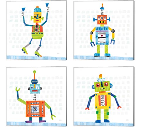 Robot Party on Squares 4 Piece Canvas Print Set by Melissa Averinos