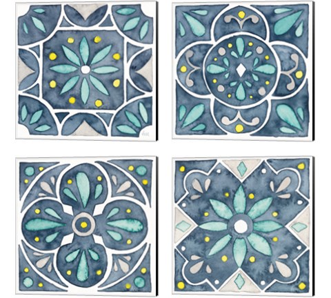Garden Getaway Tile Blue 4 Piece Canvas Print Set by Laura Marshall