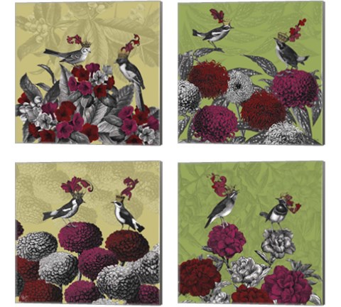 Blooming Birds Florals 4 Piece Canvas Print Set by Fab Funky