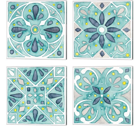 Garden Getaway Tile Teal 4 Piece Canvas Print Set by Laura Marshall