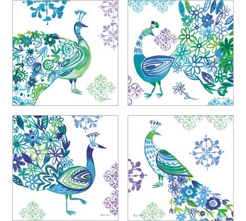 Jewel Peacocks 4 Piece Art Print Set by Farida Zaman