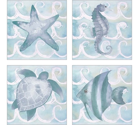Azure Sea Creatures  4 Piece Art Print Set by Elizabeth Medley