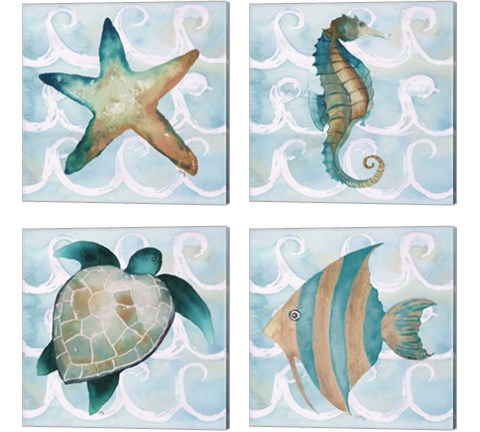 Sea Creatures on Waves  4 Piece Canvas Print Set by Elizabeth Medley